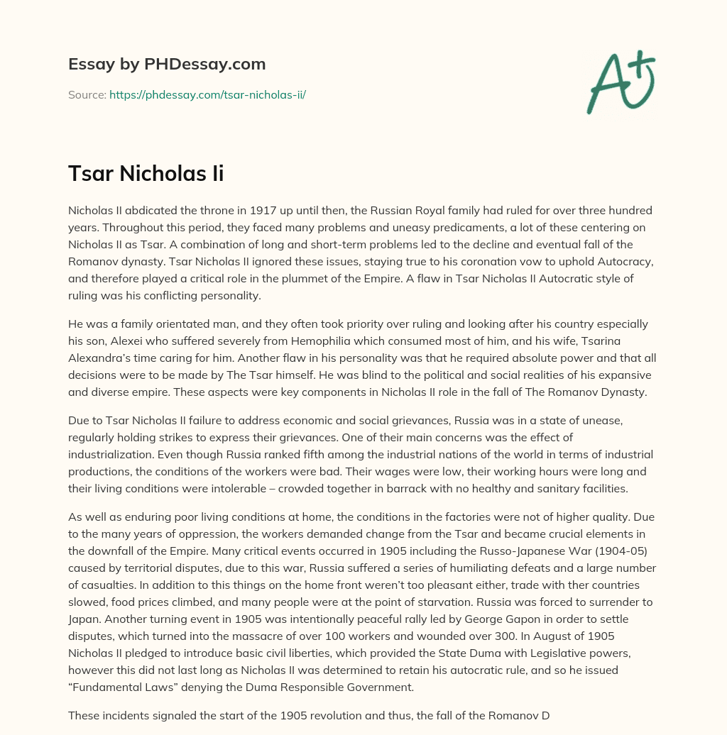 Tsar Nicholas Ii essay