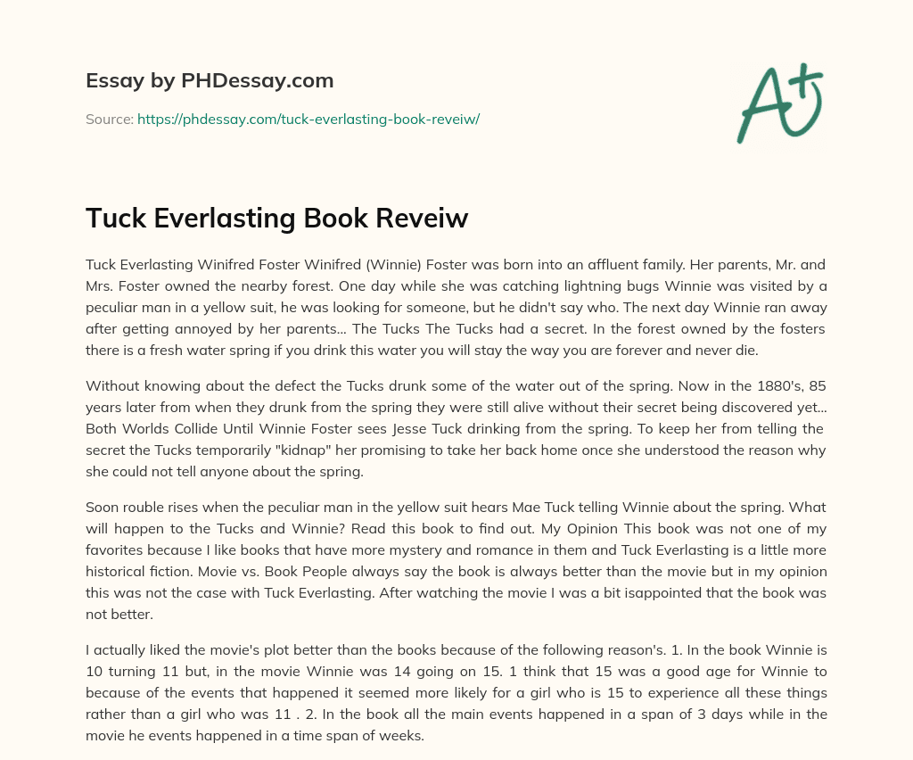 Tuck Everlasting Book Reveiw essay