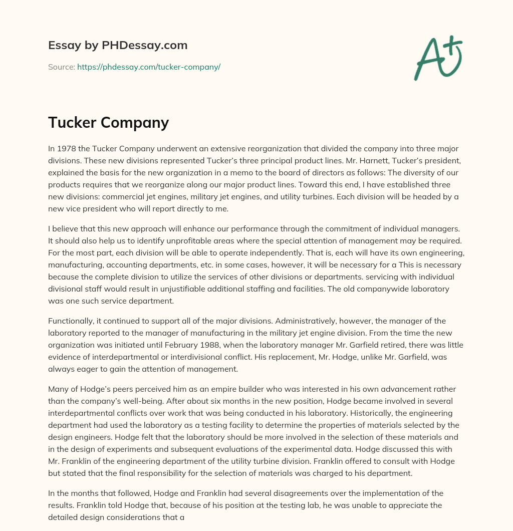 Tucker Company essay