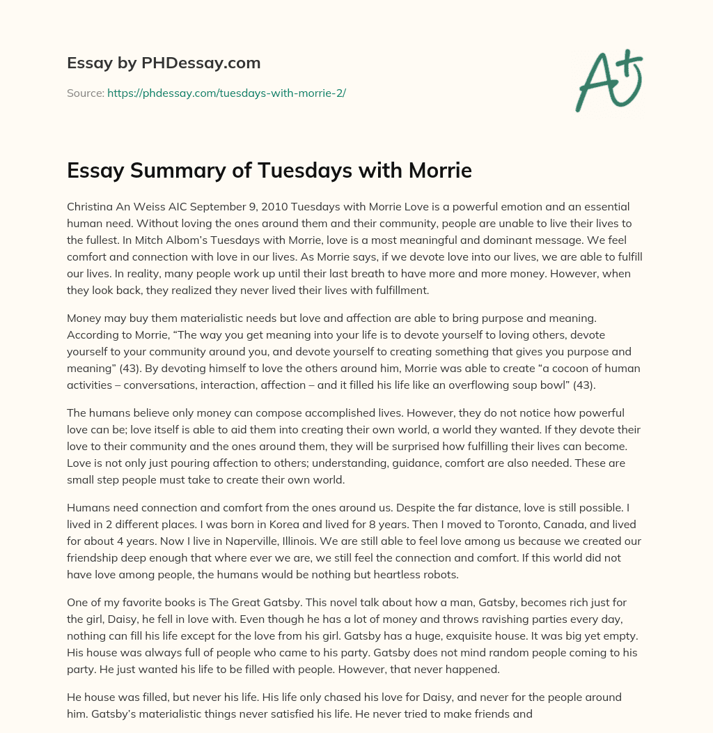 Essay Summary of Tuesdays with Morrie essay