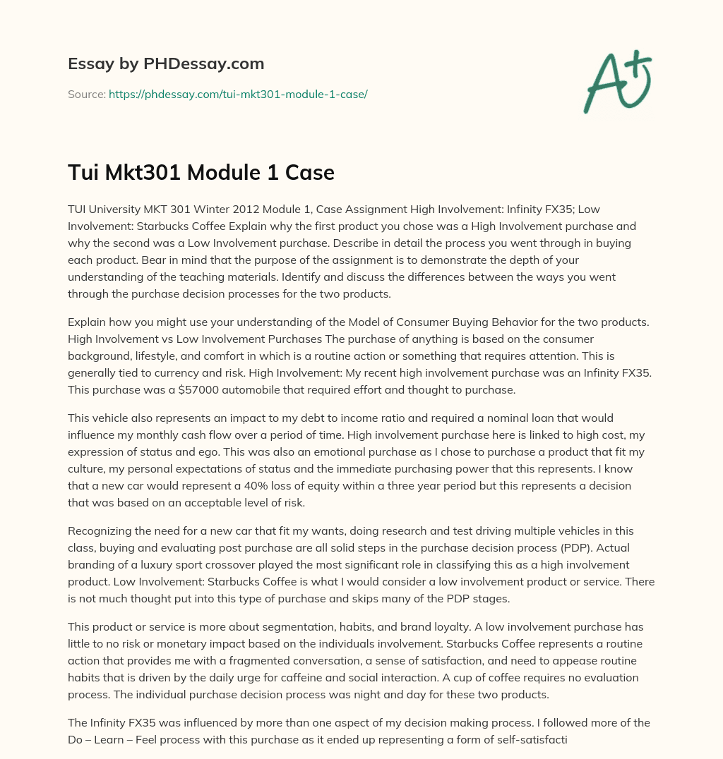 Tui Mkt301 Module 1 Case essay