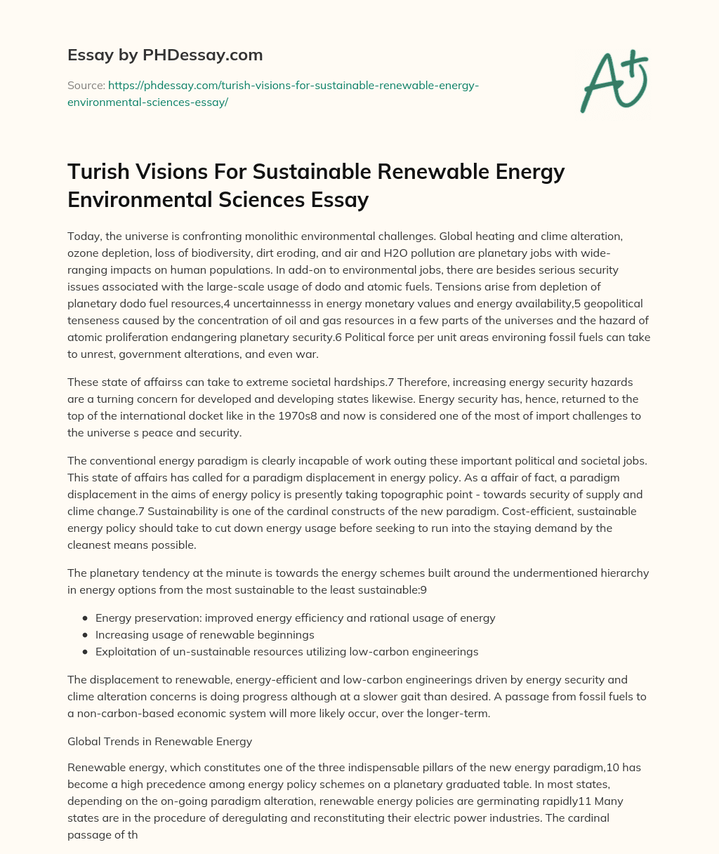 Turish Visions For Sustainable Renewable Energy Environmental Sciences Essay essay