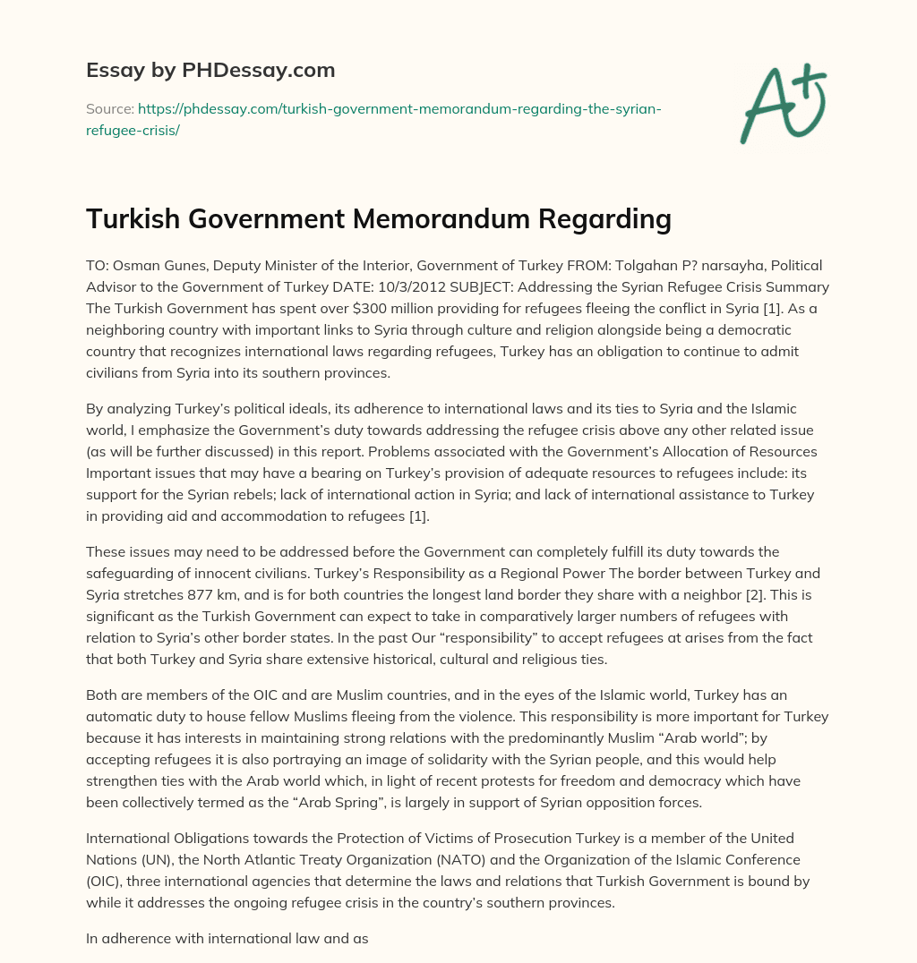 Turkish Government Memorandum Regarding essay