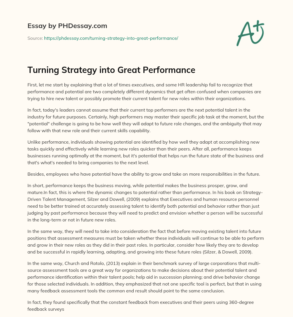 Turning  Strategy into Great Performance essay