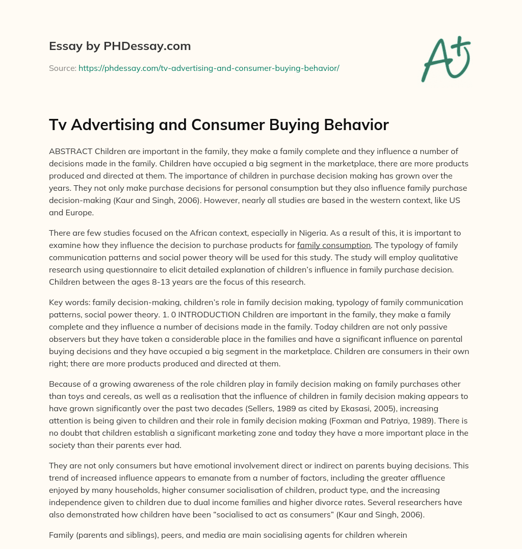 Tv Advertising and Consumer Buying Behavior essay