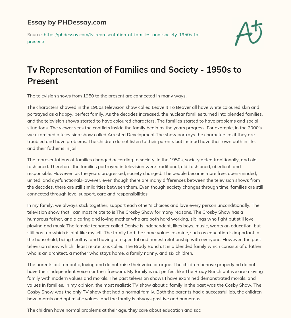 Tv Representation of Families and Society – 1950s to Present essay