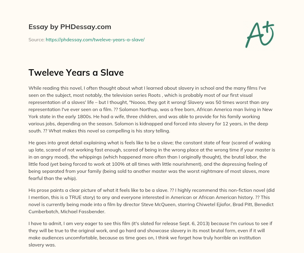 Tweleve Years a Slave essay