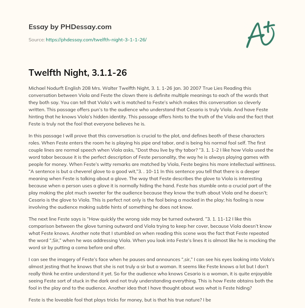 Twelfth Night, 3.1.1-26 essay
