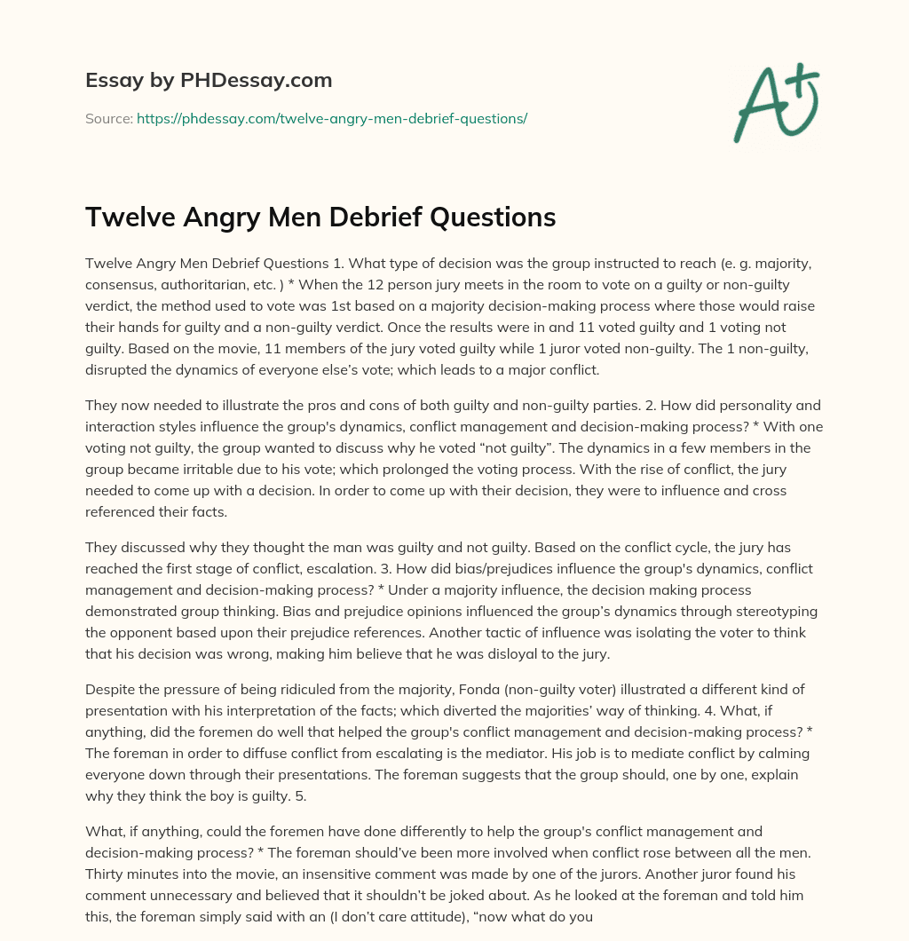 Twelve Angry Men Debrief Questions essay