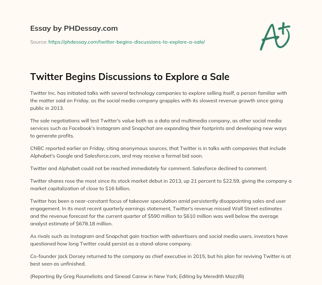 Twitter Begins Discussions to Explore a Sale essay