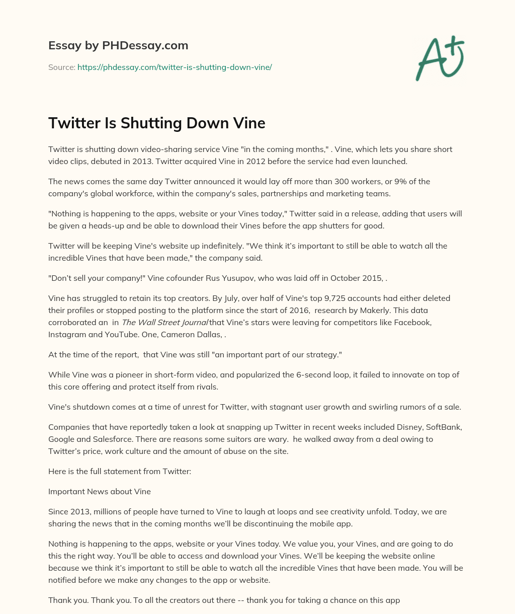 Twitter Is Shutting Down Vine essay