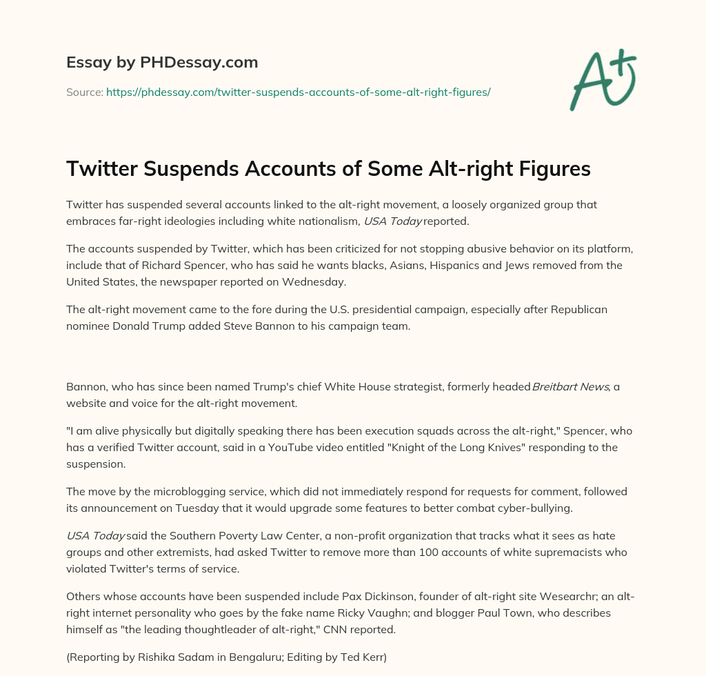 Twitter Suspends Accounts of Some Alt-right Figures essay