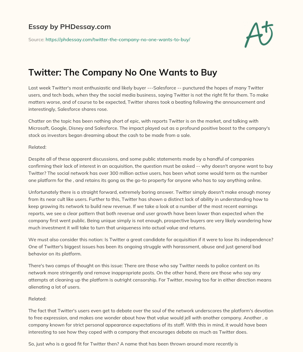Twitter: The Company No One Wants to Buy essay