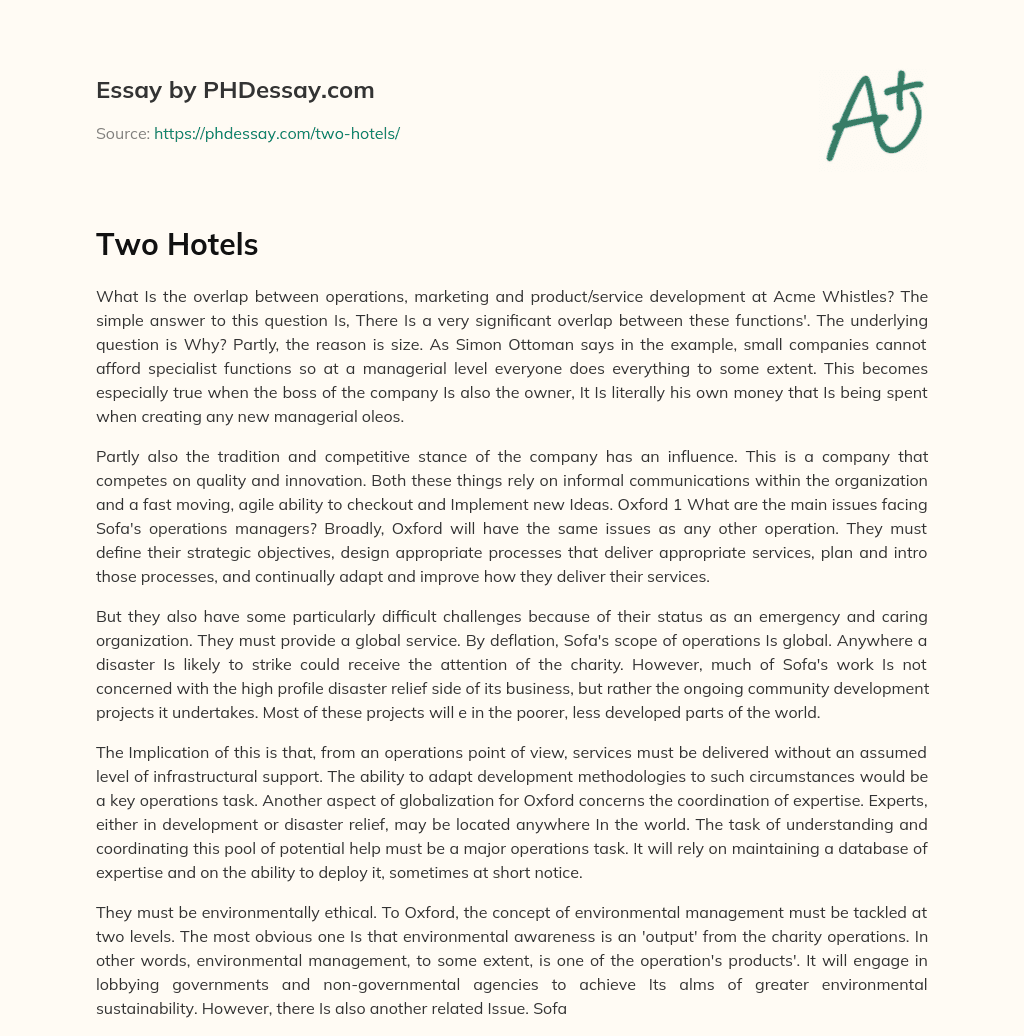 Significant Overlap Between Operations, Marketing, and Product/Service Development at Acme Whistles essay