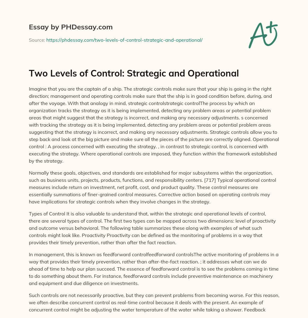 Two Levels of Control: Strategic and Operational essay
