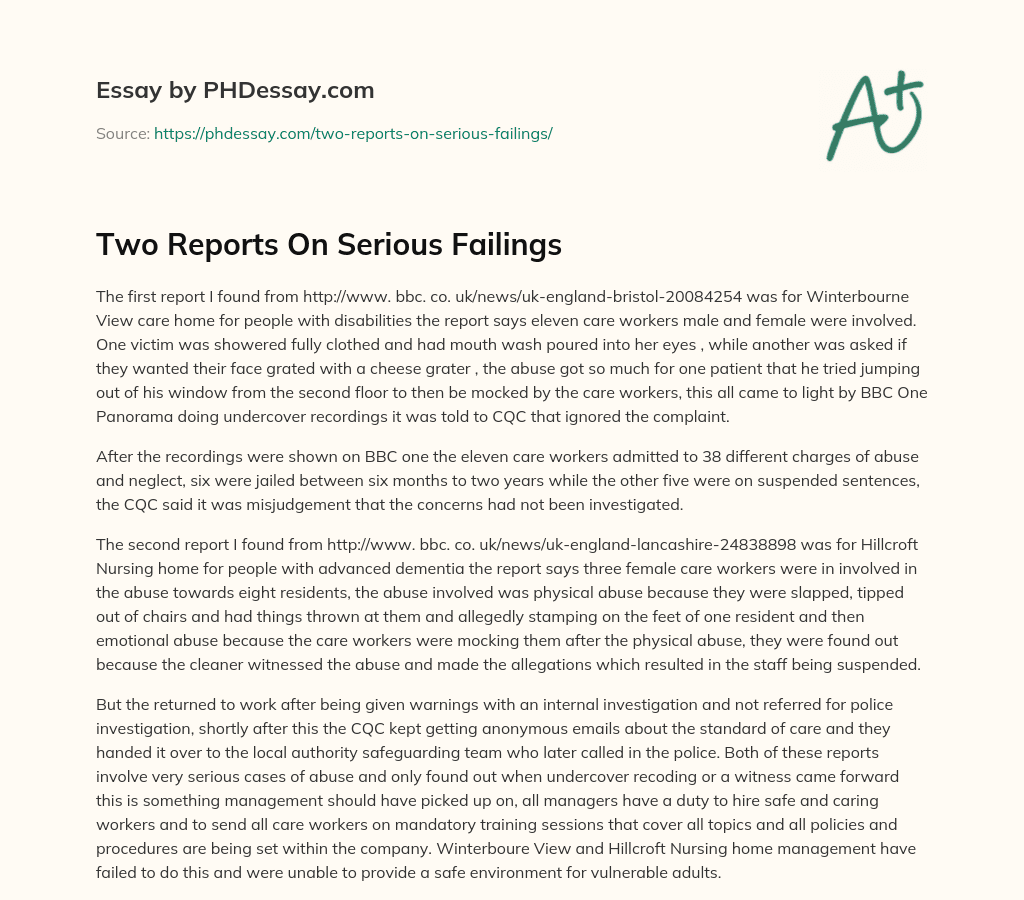 Two Reports On Serious Failings essay