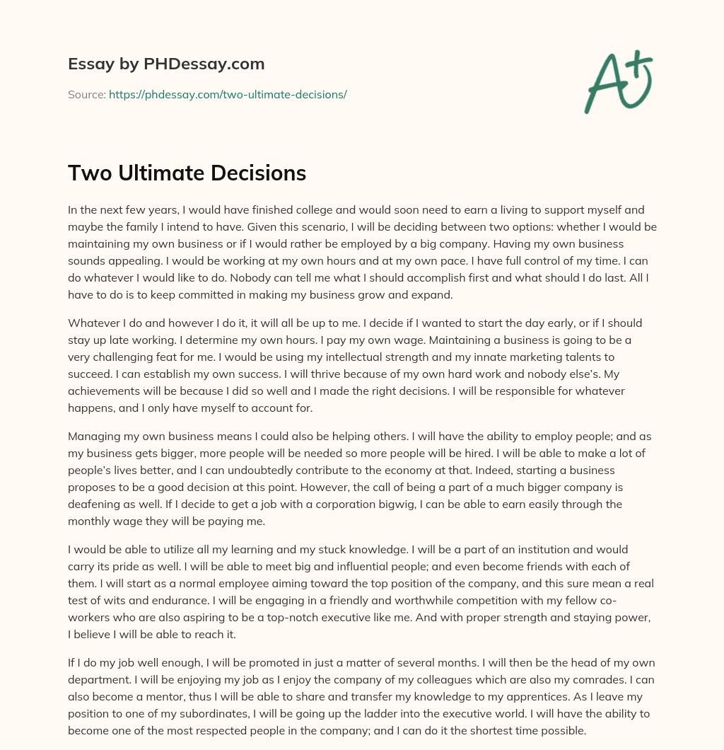 Two Ultimate Decisions essay