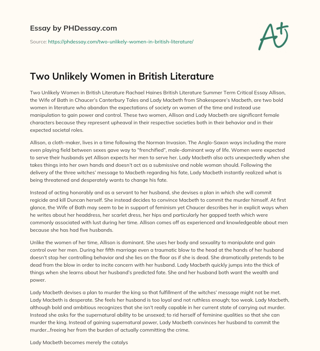 Two Unlikely Women in British Literature essay