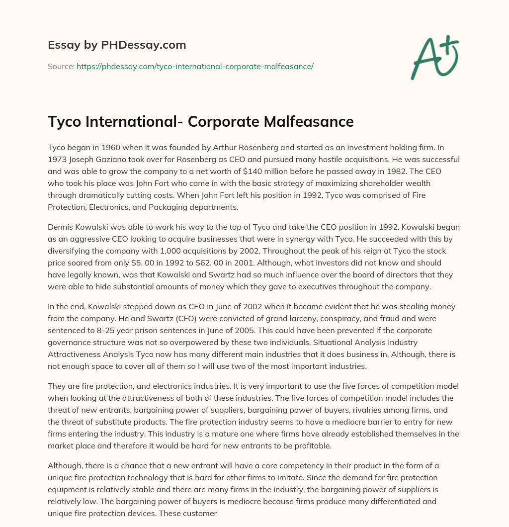Tyco International- Corporate Malfeasance essay