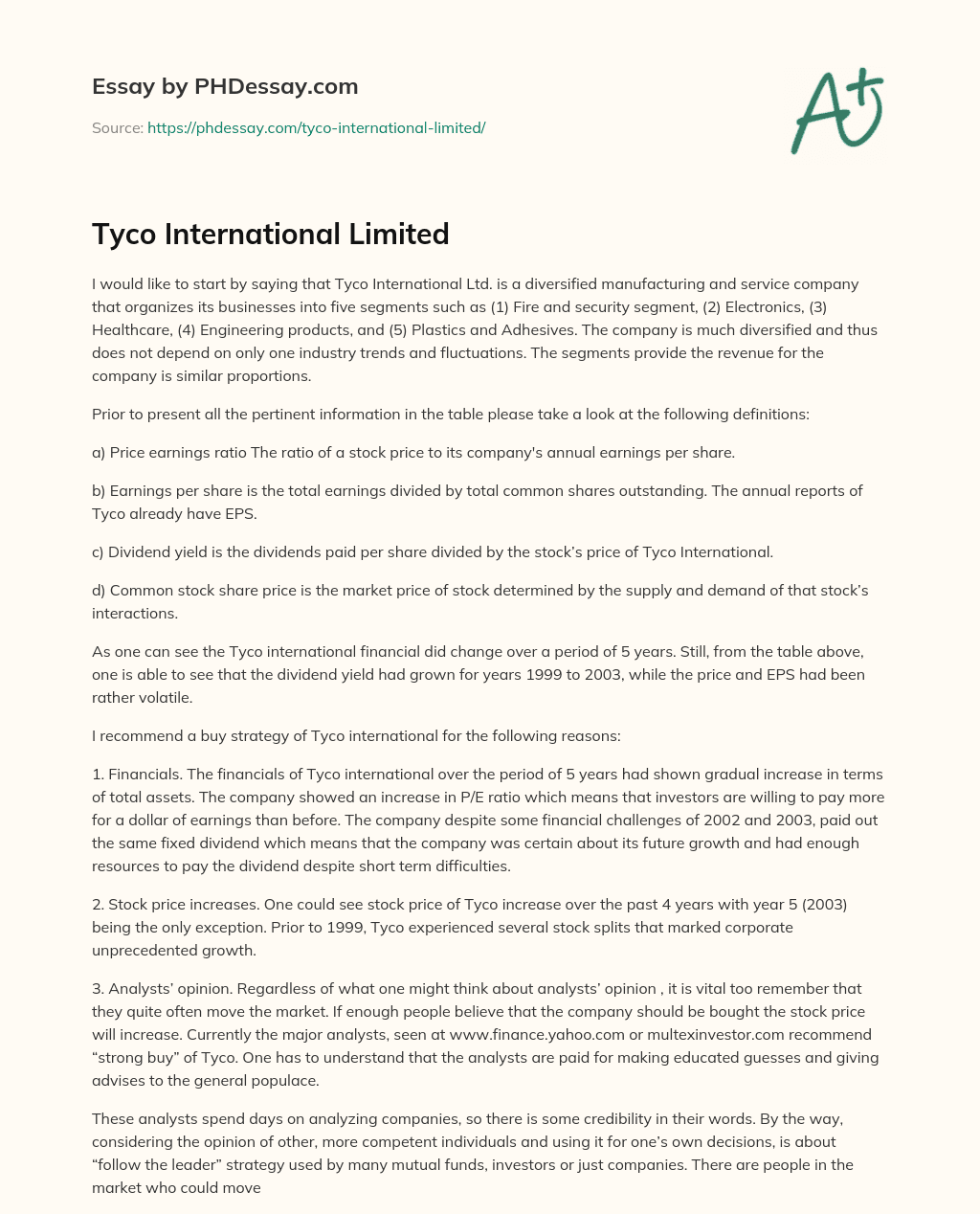 Tyco International Limited essay