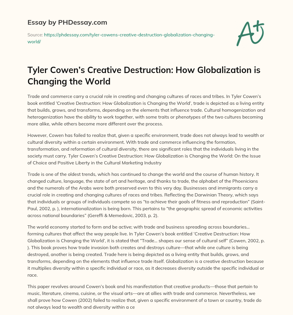 Tyler Cowen’s Creative Destruction: How Globalization is Changing the World essay