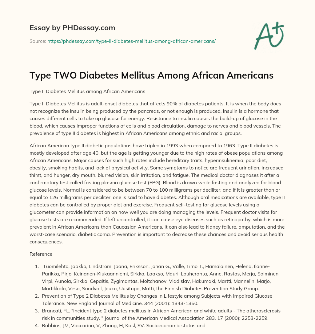 Type TWO Diabetes Mellitus Among African Americans essay