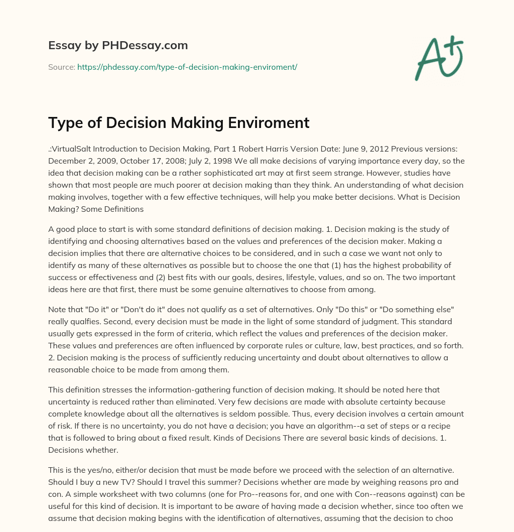 Type of Decision Making Enviroment essay