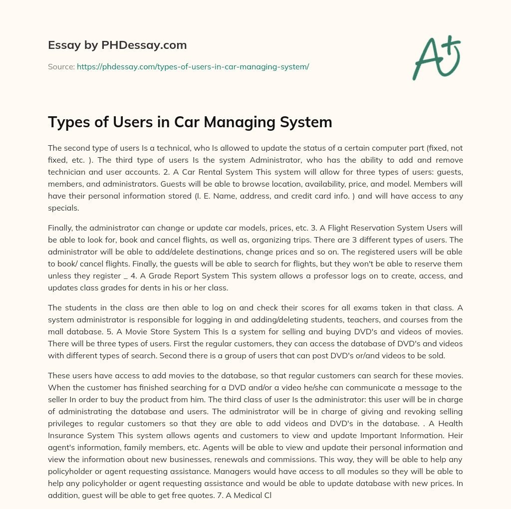 Types of Users in Car Managing System essay