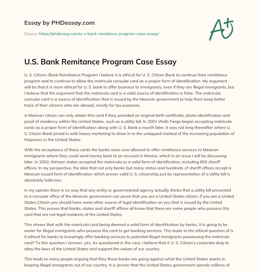 U.S. Bank Remitance Program Case Essay essay