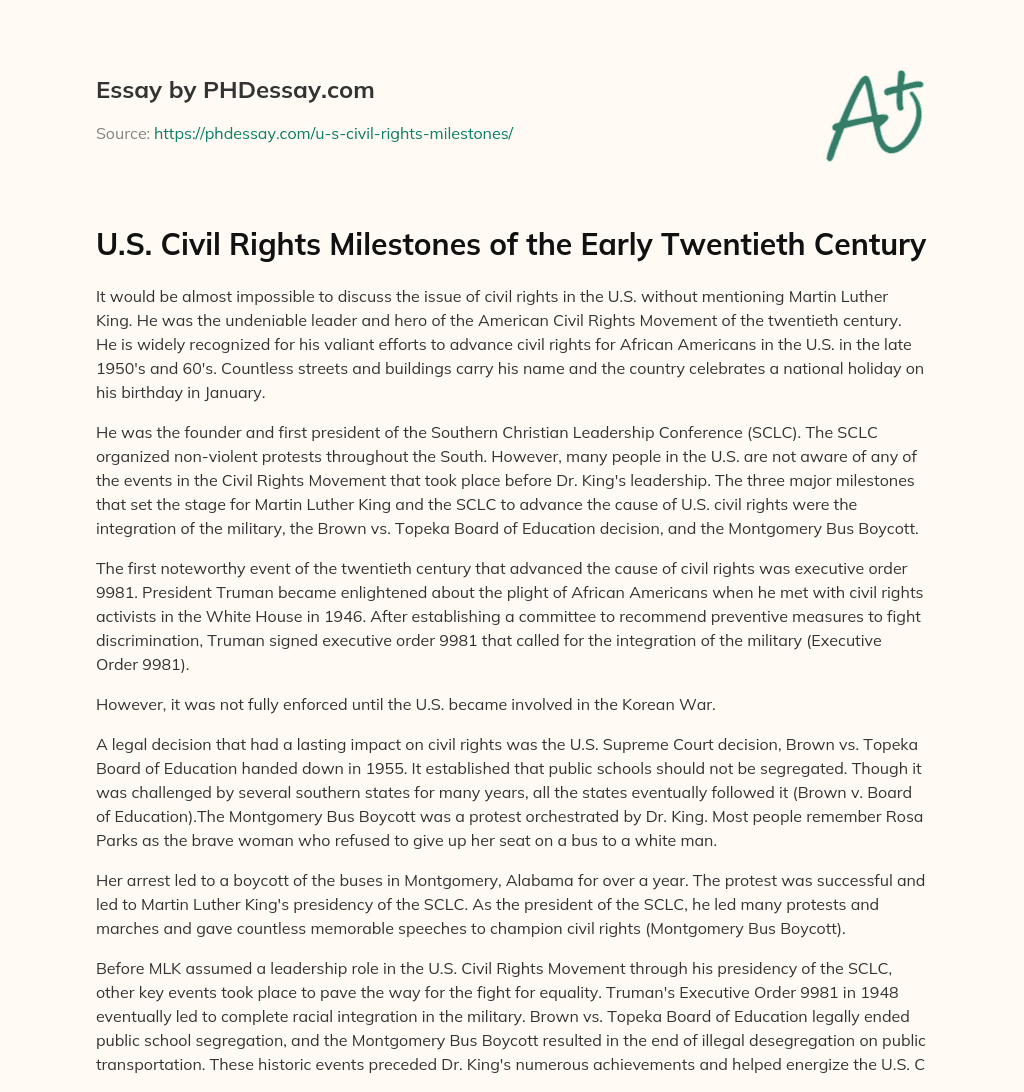 U.S. Civil Rights Milestones of the Early Twentieth Century essay