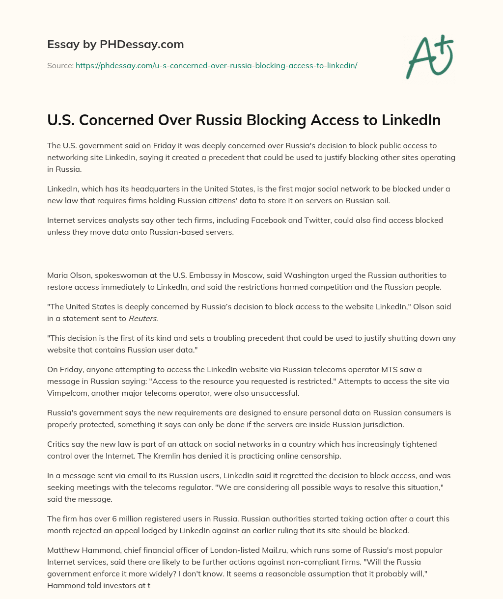 U.S. Concerned Over Russia Blocking Access to LinkedIn essay