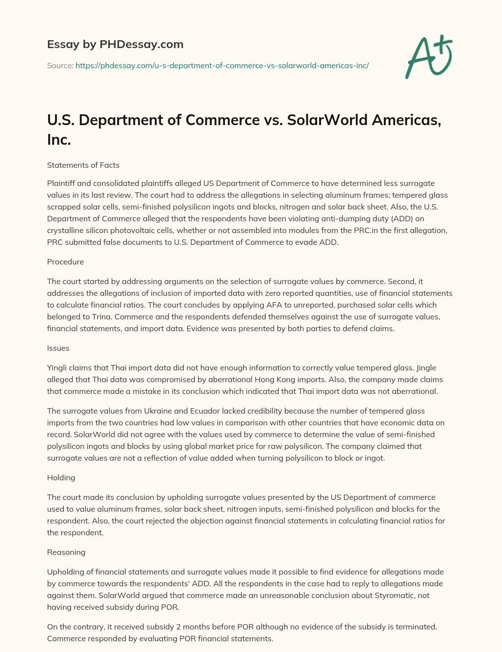 U.S. Department of Commerce vs. SolarWorld Americas, Inc. essay