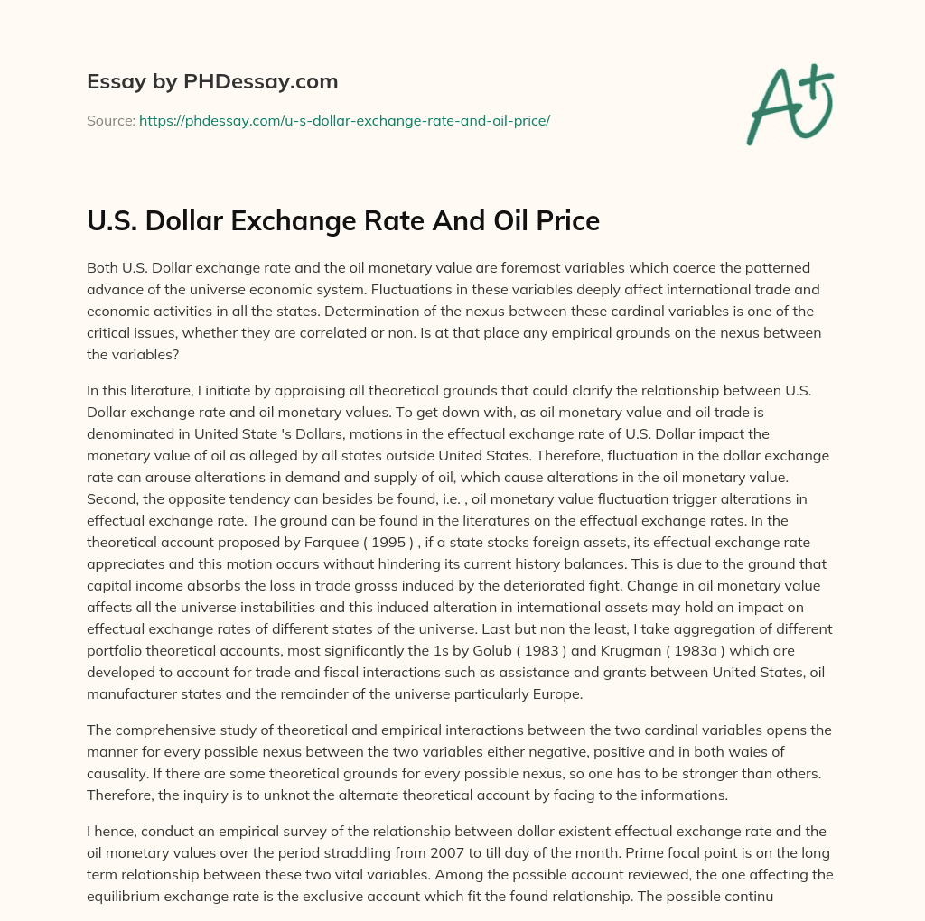 U.S. Dollar Exchange Rate And Oil Price essay