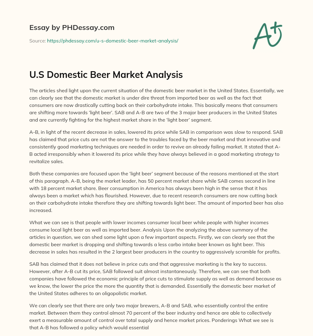 U.S Domestic Beer Market Analysis essay
