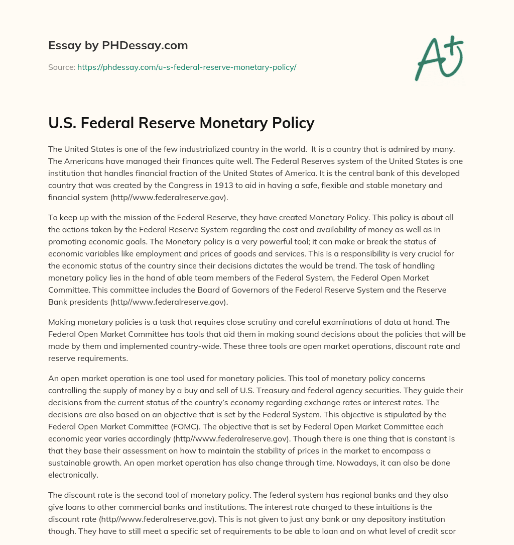 U.S. Federal Reserve Monetary Policy essay