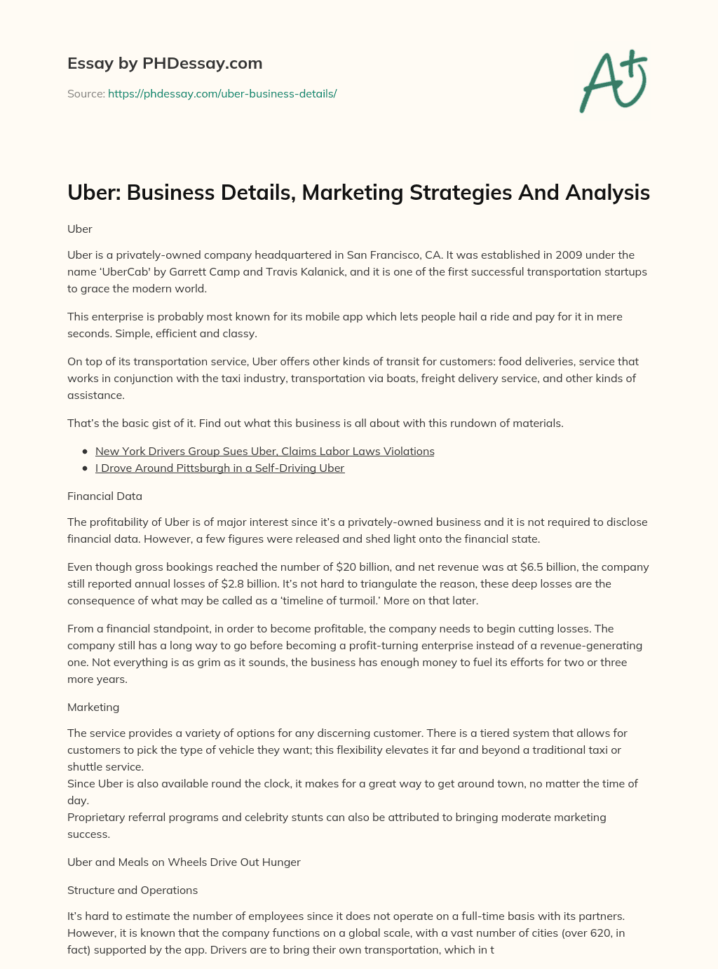 Uber: Business Details, Marketing Strategies And Analysis essay