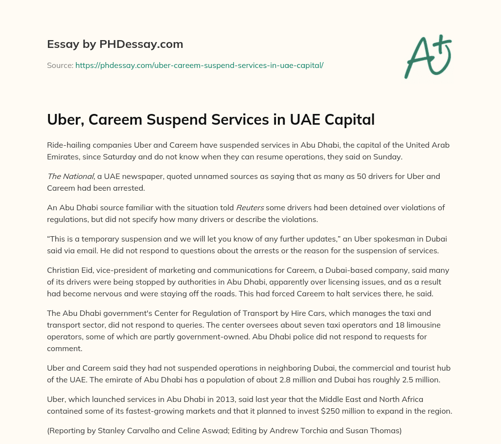 Uber, Careem Suspend Services in UAE Capital essay