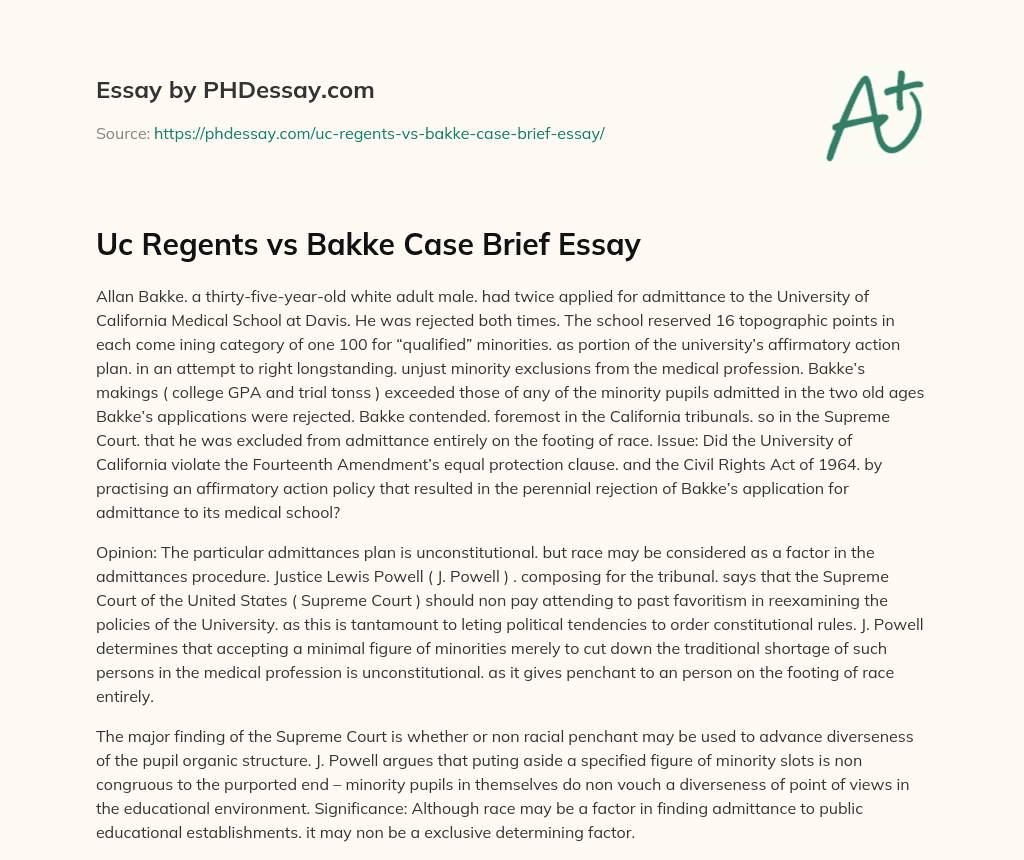 Uc Regents vs Bakke Case Brief Essay essay