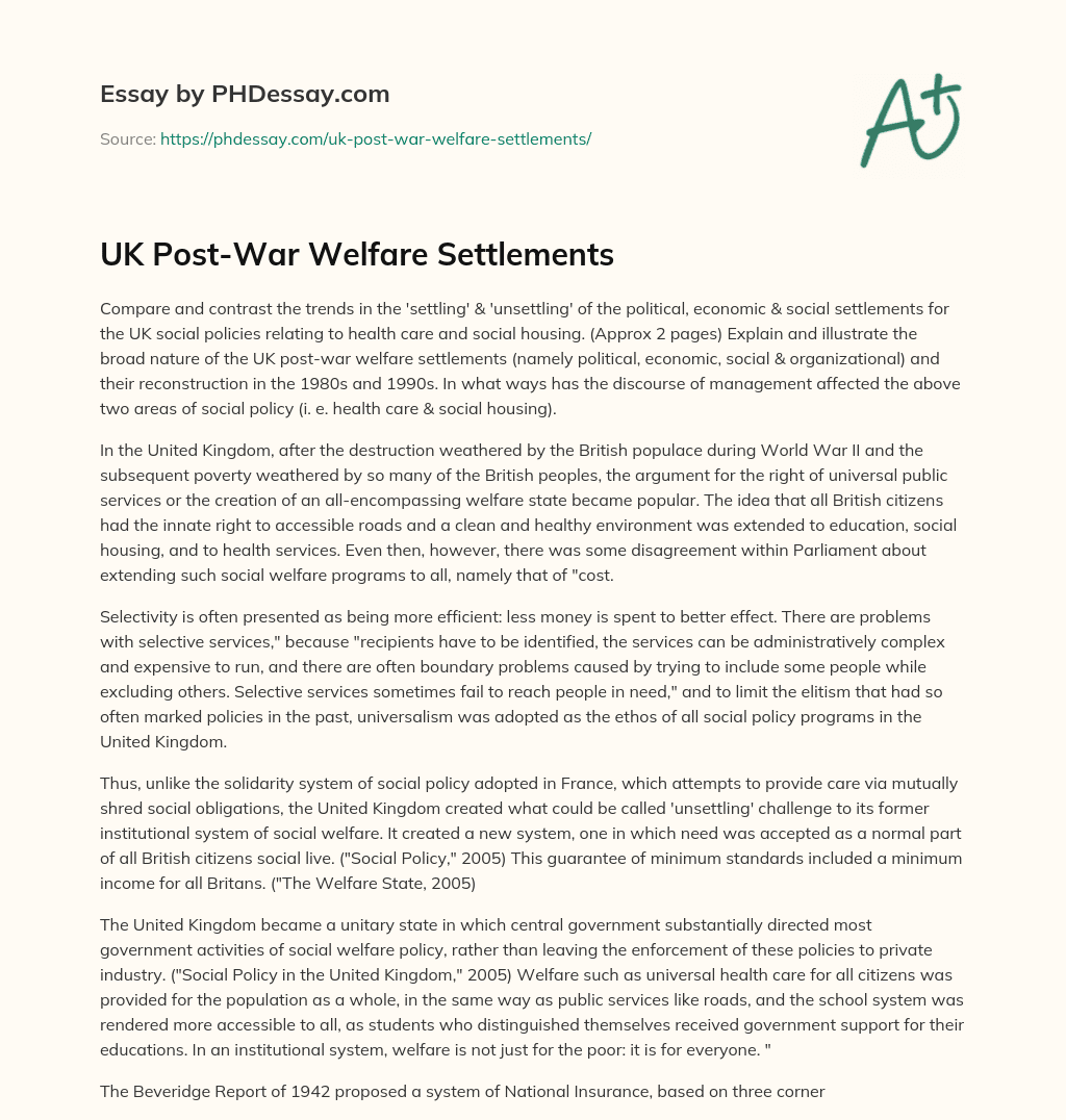 UK Post-War Welfare Settlements essay
