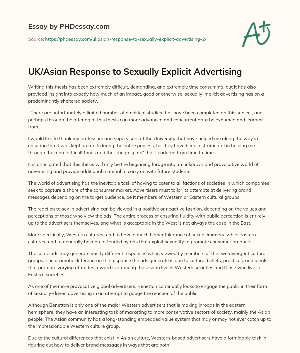 UK/Asian Response to Sexually Explicit Advertising essay