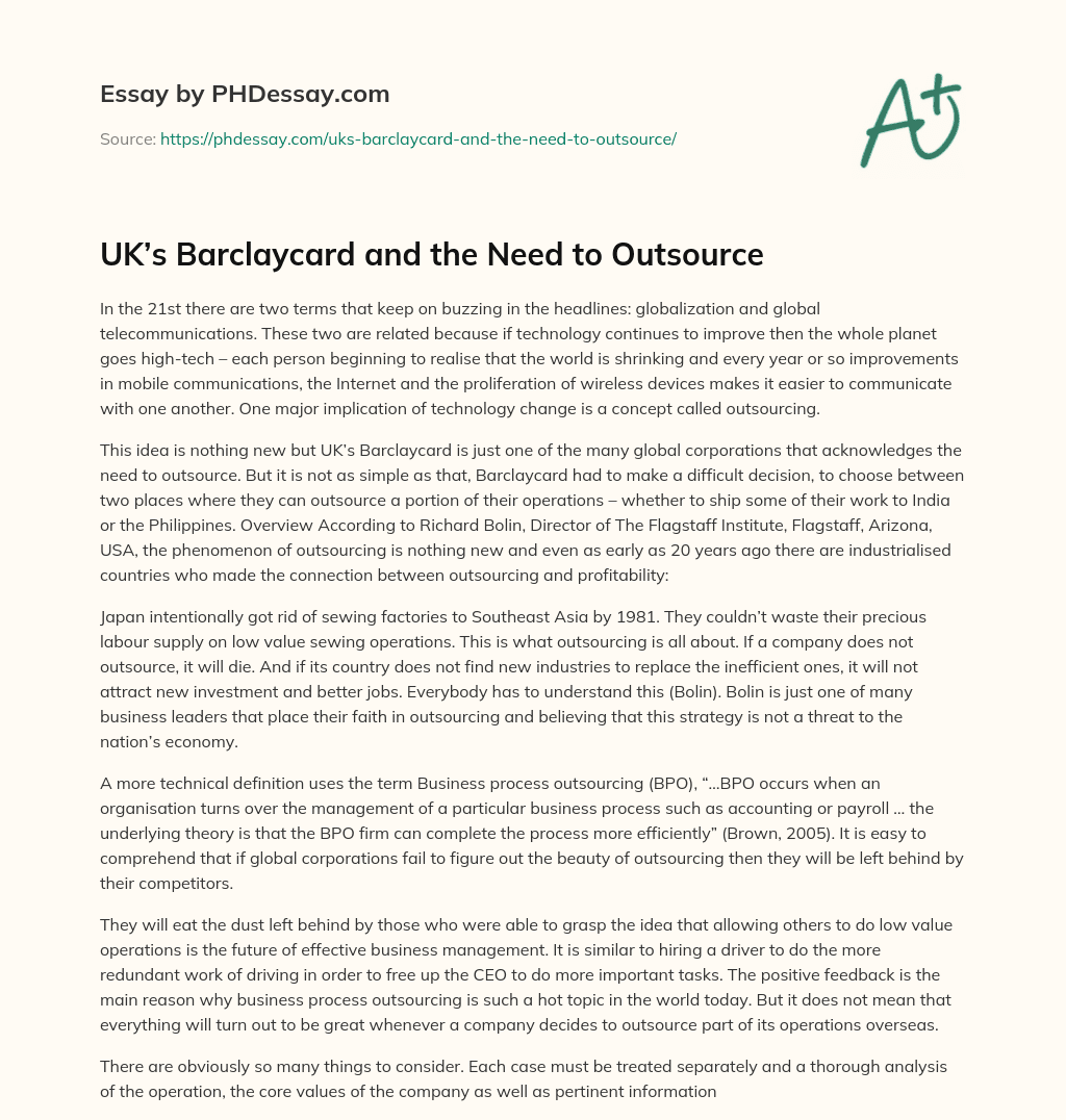 UK’s Barclaycard and the Need to Outsource essay