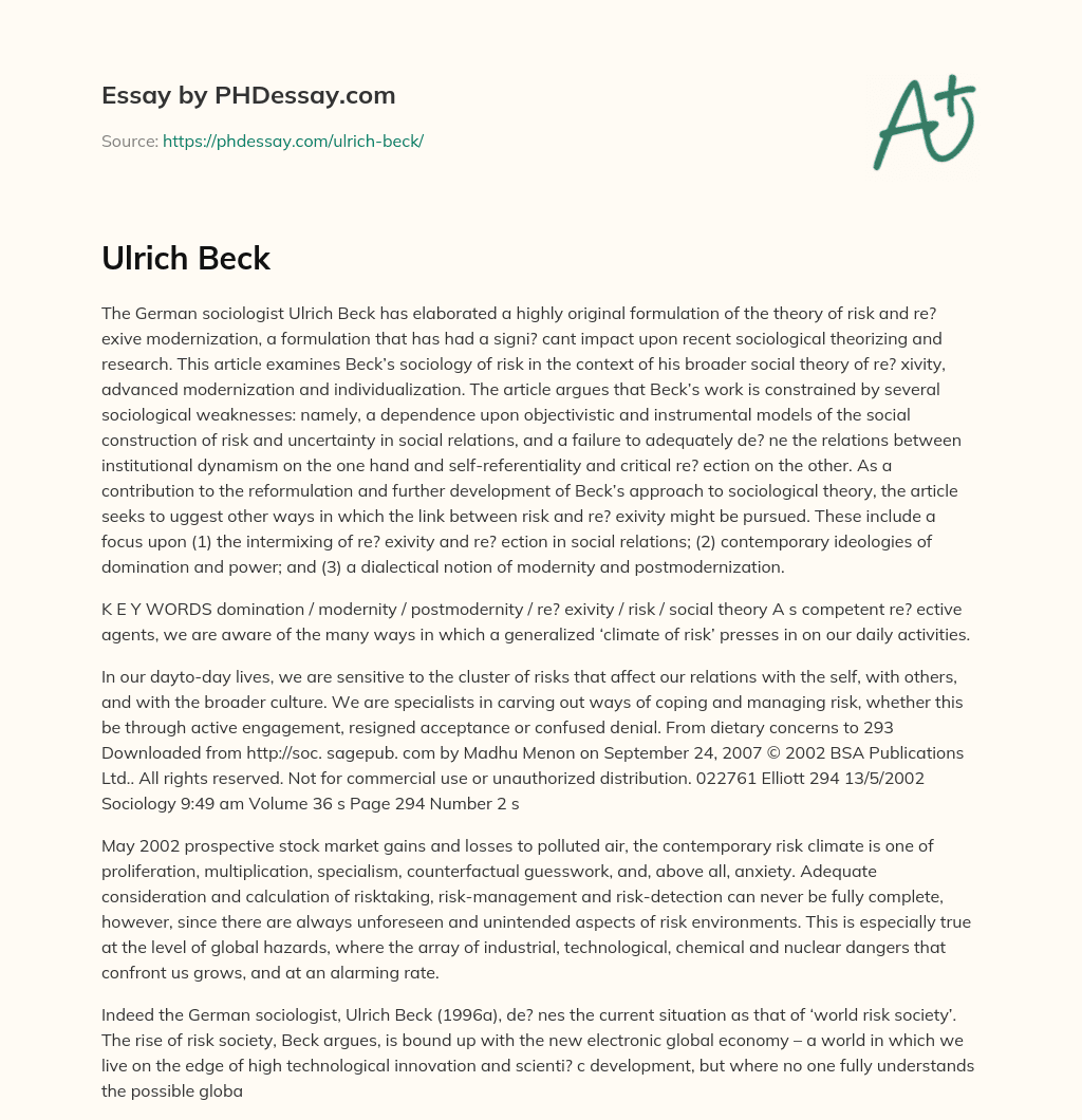 Analyzing Ulrich Beck’s Sociology of Risk and Reflexive Modernization essay