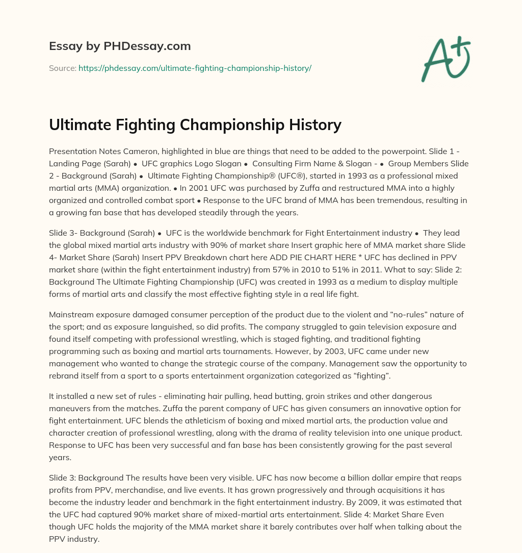 Ultimate Fighting Championship History essay