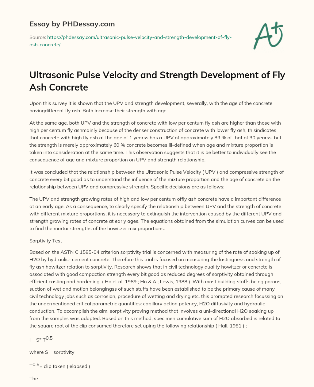 Ultrasonic Pulse Velocity and Strength Development of Fly Ash Concrete essay