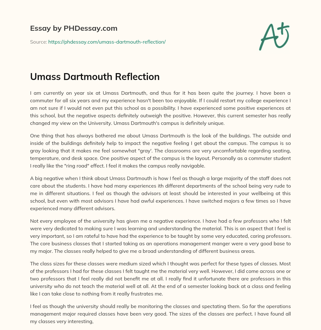 Umass Dartmouth Reflection essay