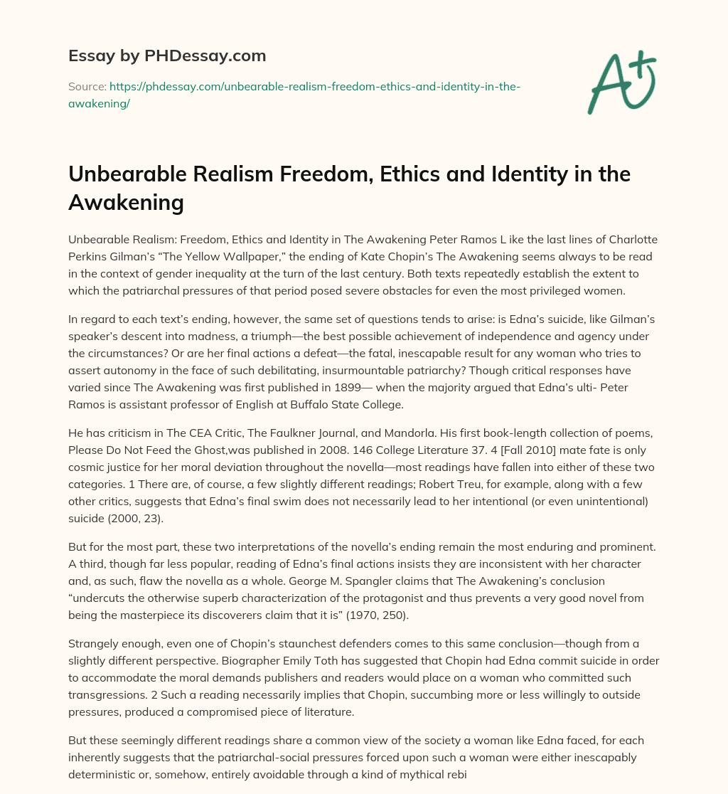Unbearable Realism Freedom, Ethics and Identity in the Awakening essay