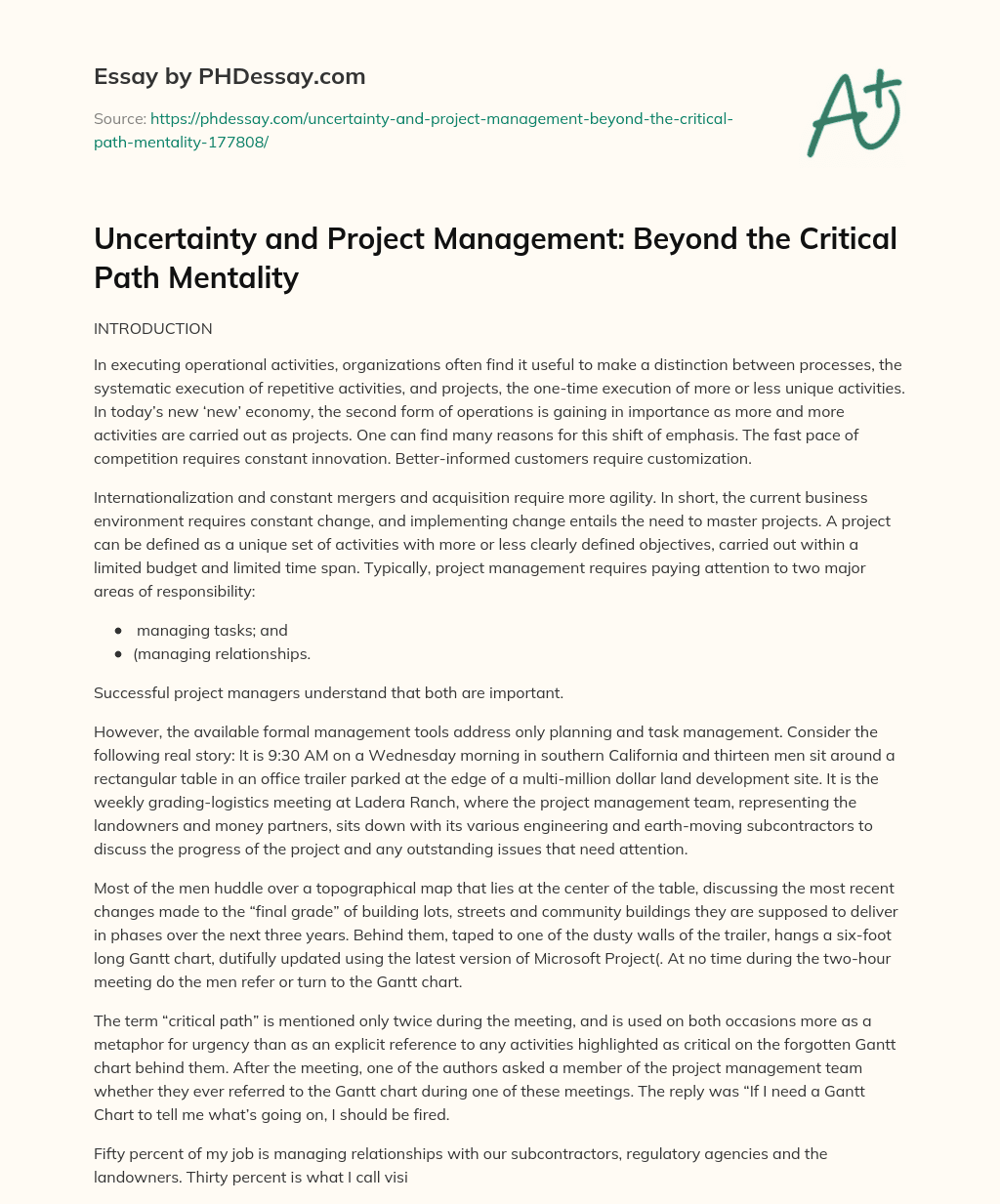 Uncertainty and Project Management: Beyond the Critical Path Mentality essay