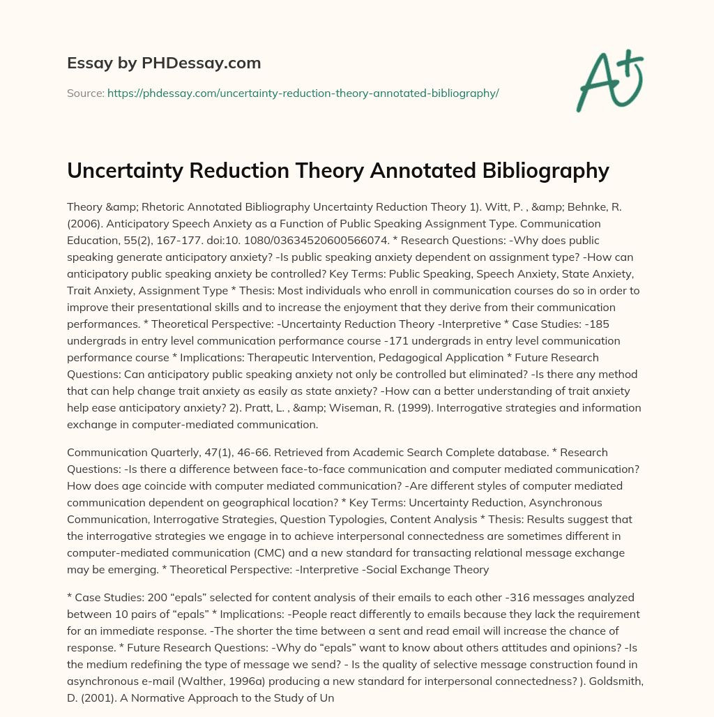 Uncertainty Reduction Theory Annotated Bibliography essay