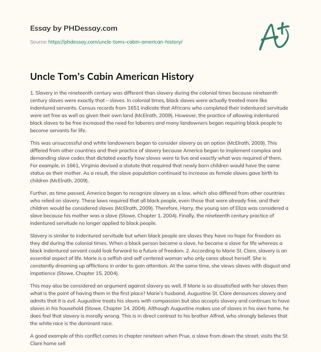 Uncle Tom’s Cabin American History essay