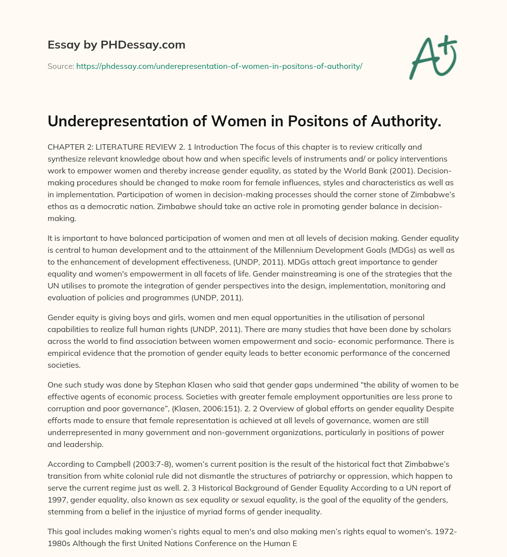 Underepresentation of Women in Positons of Authority. essay